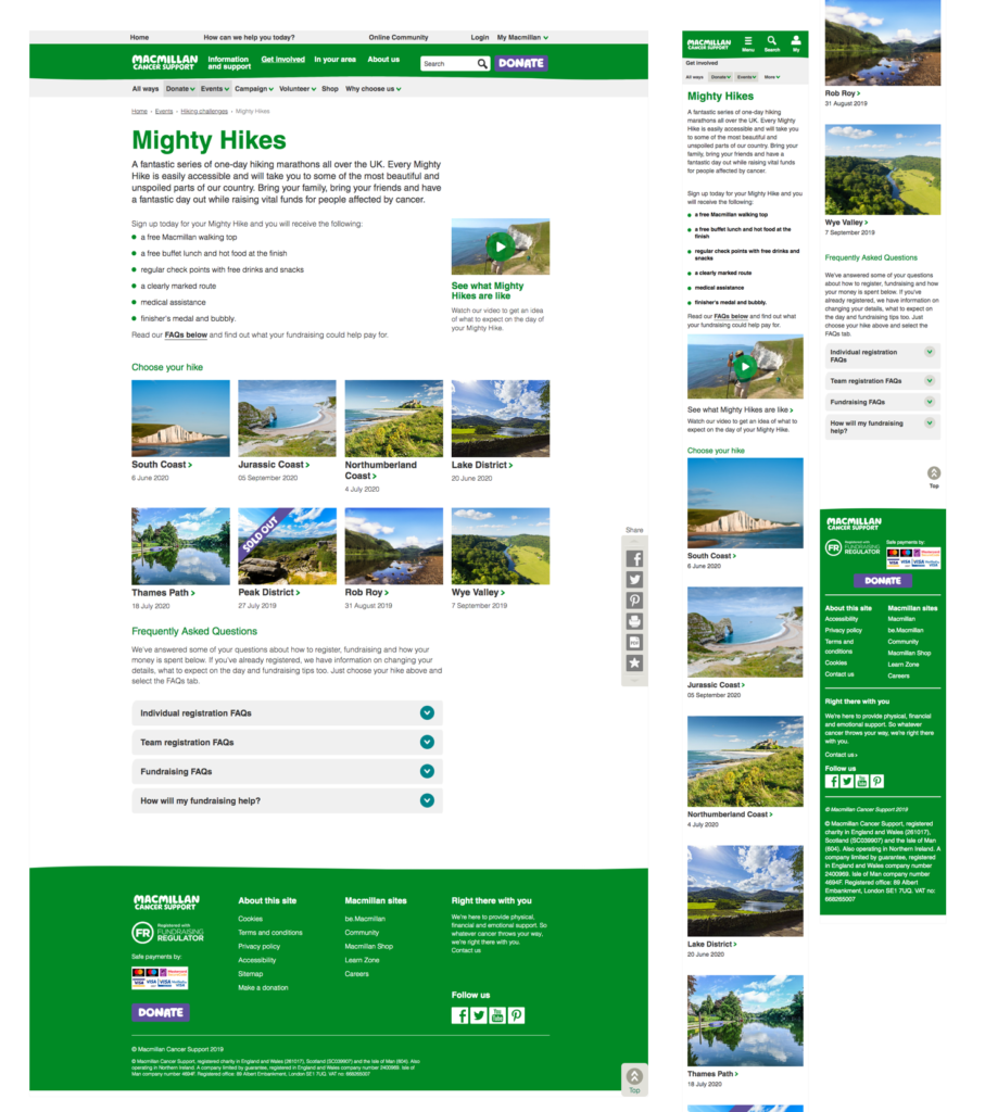 Old version of mighty hikes website in desktop and mobile view